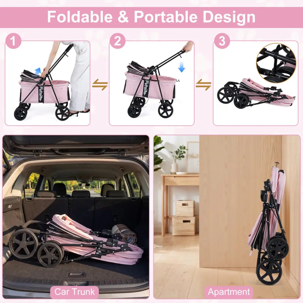 Pet Stroller for Small Medium Dogs Foldable with One-Step Rear Brake and Canopy-Pink - Pink - Dog Supplies