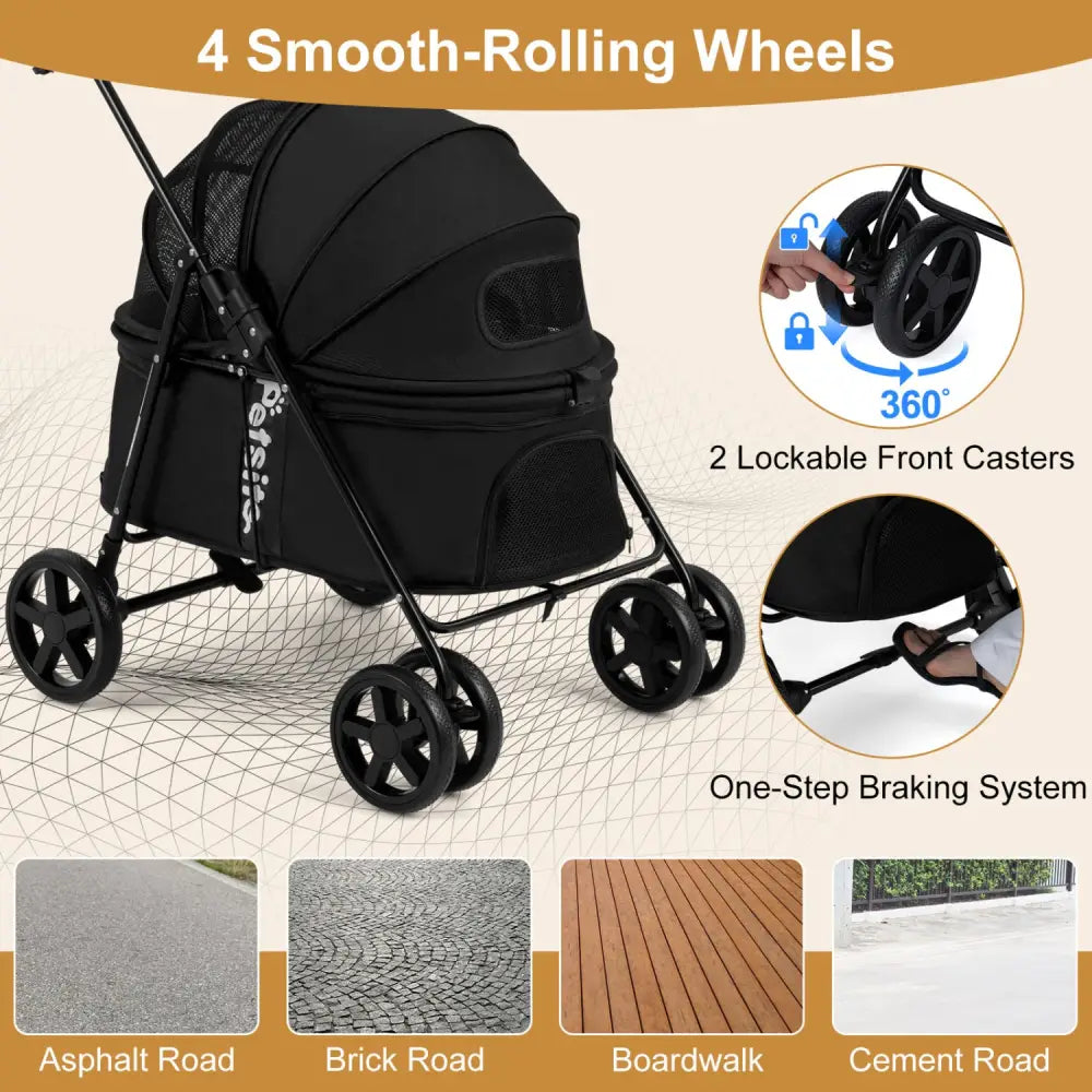 Pet Stroller for Small Medium Dogs Foldable with One-Step Rear Brake and Canopy-Black - Black - Dog Supplies