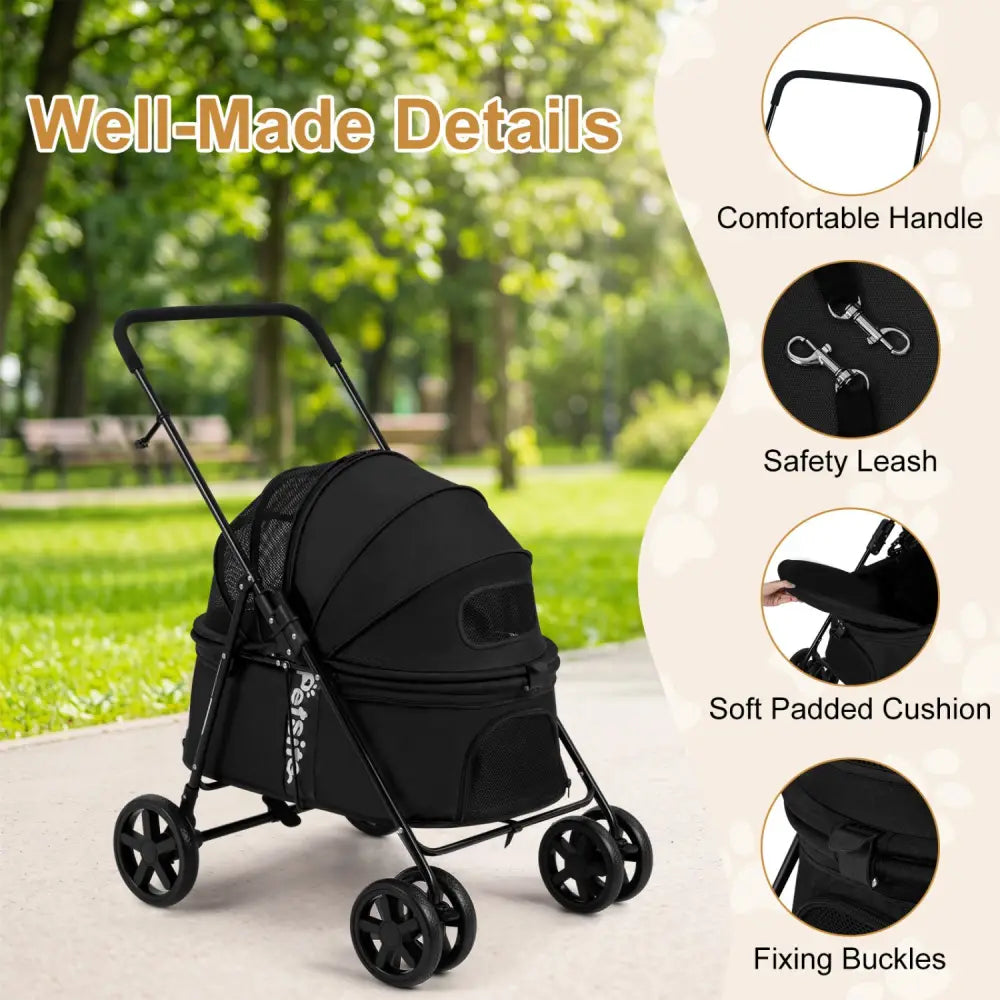 Pet Stroller for Small Medium Dogs Foldable with One-Step Rear Brake and Canopy-Black - Black - Dog Supplies