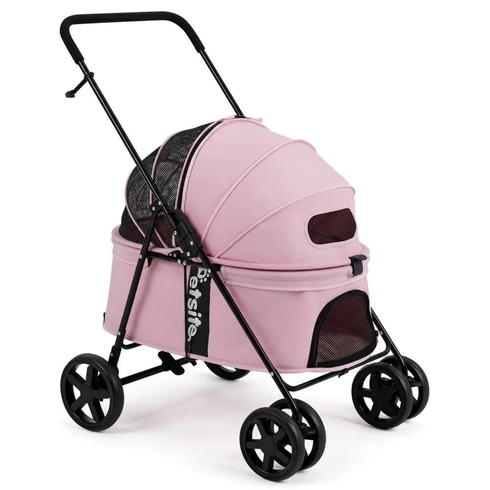Pet Stroller for Small Medium Dogs Foldable with One-Step Rear Brake and Canopy-Pink - Pink - Dog Supplies