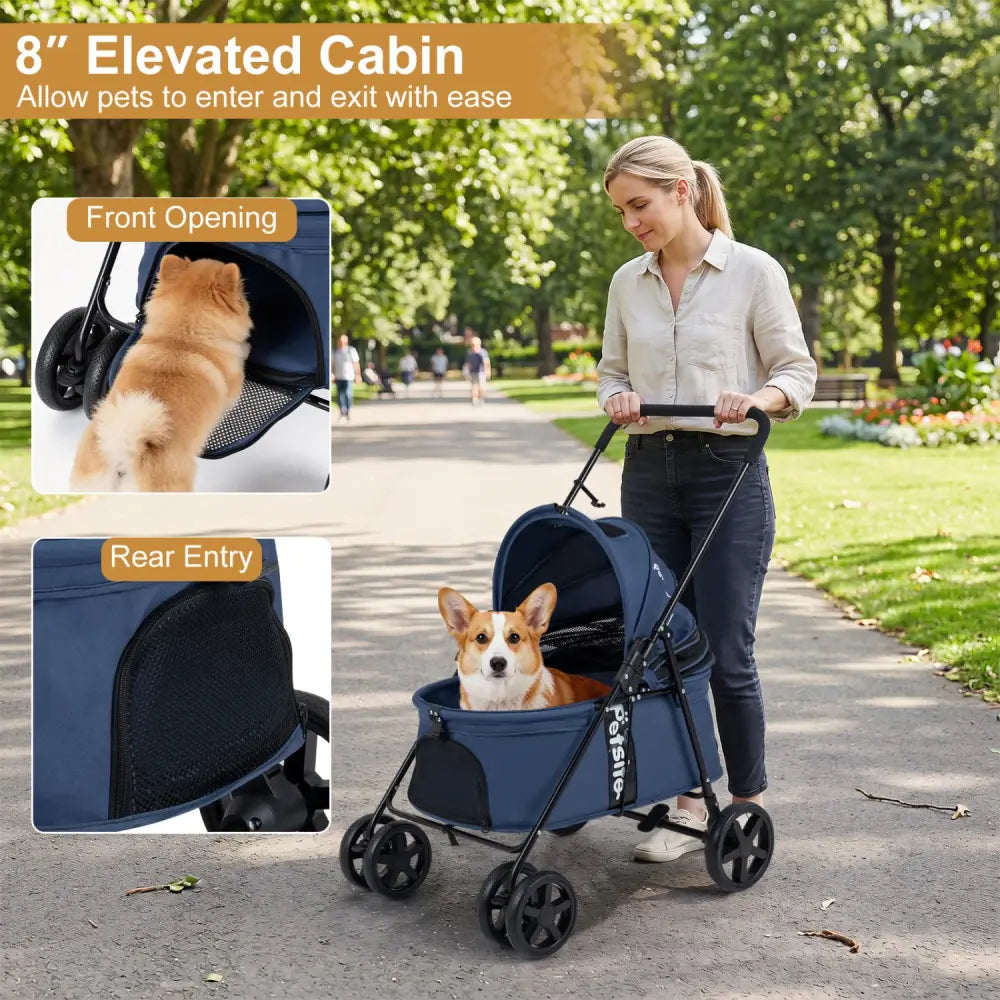 Pet Stroller for Small Medium Dogs Foldable with One-Step Rear Brake and Canopy-Navy - Navy - Dog Supplies