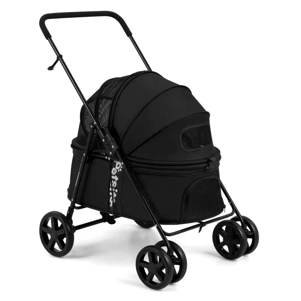 Pet Stroller for Small Medium Dogs Foldable with One-Step Rear Brake and Canopy-Black - Black - Dog Supplies