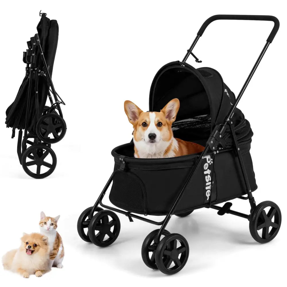 Pet Stroller for Small Medium Dogs Foldable with One-Step Rear Brake and Canopy-Black - Black - Dog Supplies
