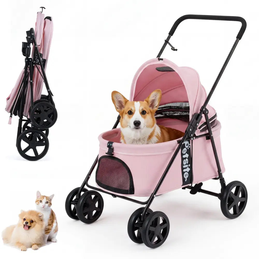 Pet Stroller for Small Medium Dogs Foldable with One-Step Rear Brake and Canopy-Pink - Pink - Dog Supplies