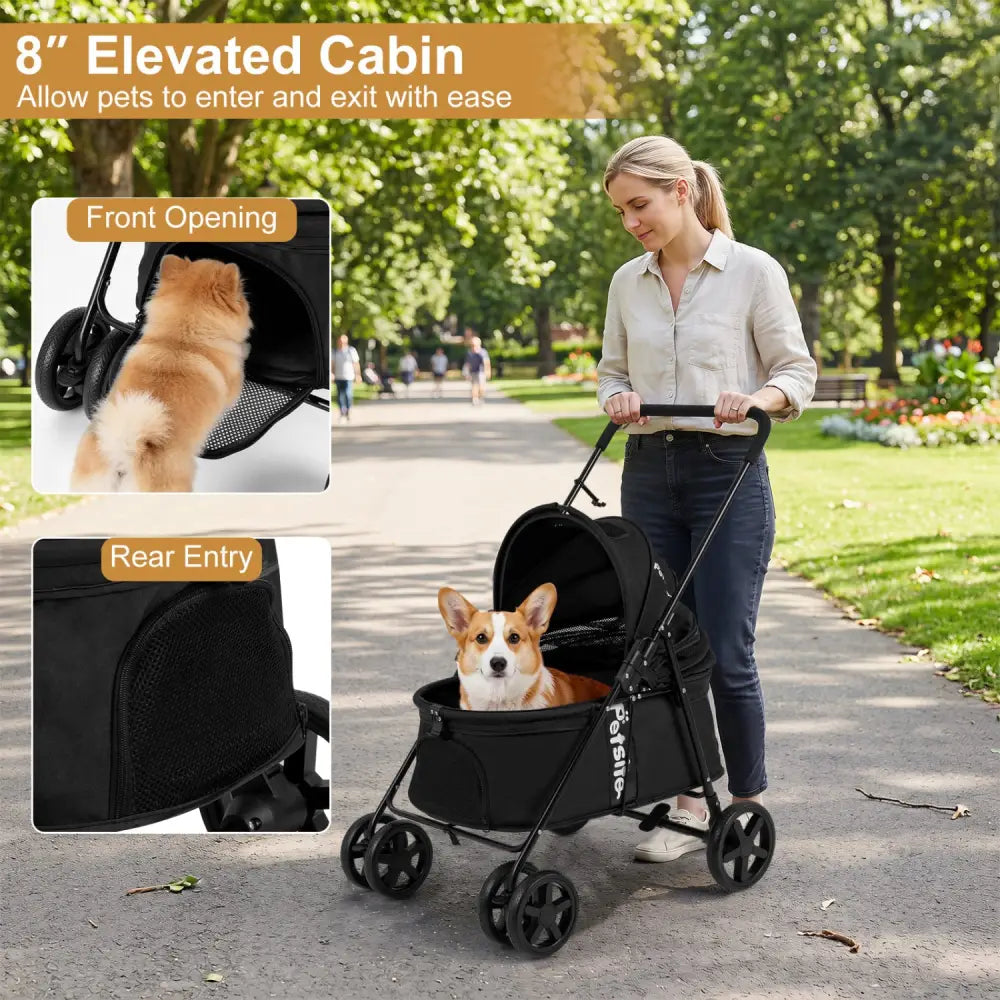 Pet Stroller for Small Medium Dogs Foldable with One-Step Rear Brake and Canopy-Black - Black - Dog Supplies