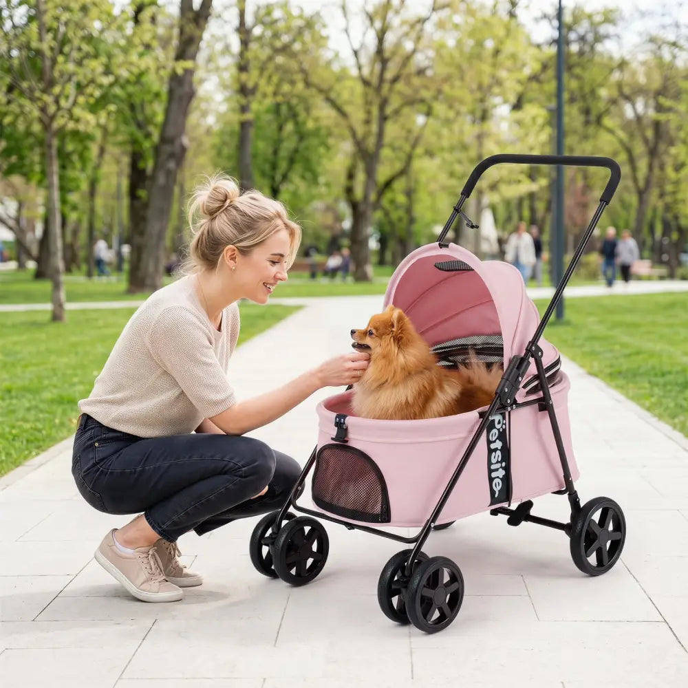 Pet Stroller for Small Medium Dogs Foldable with One-Step Rear Brake and Canopy-Pink - Pink - Dog Supplies