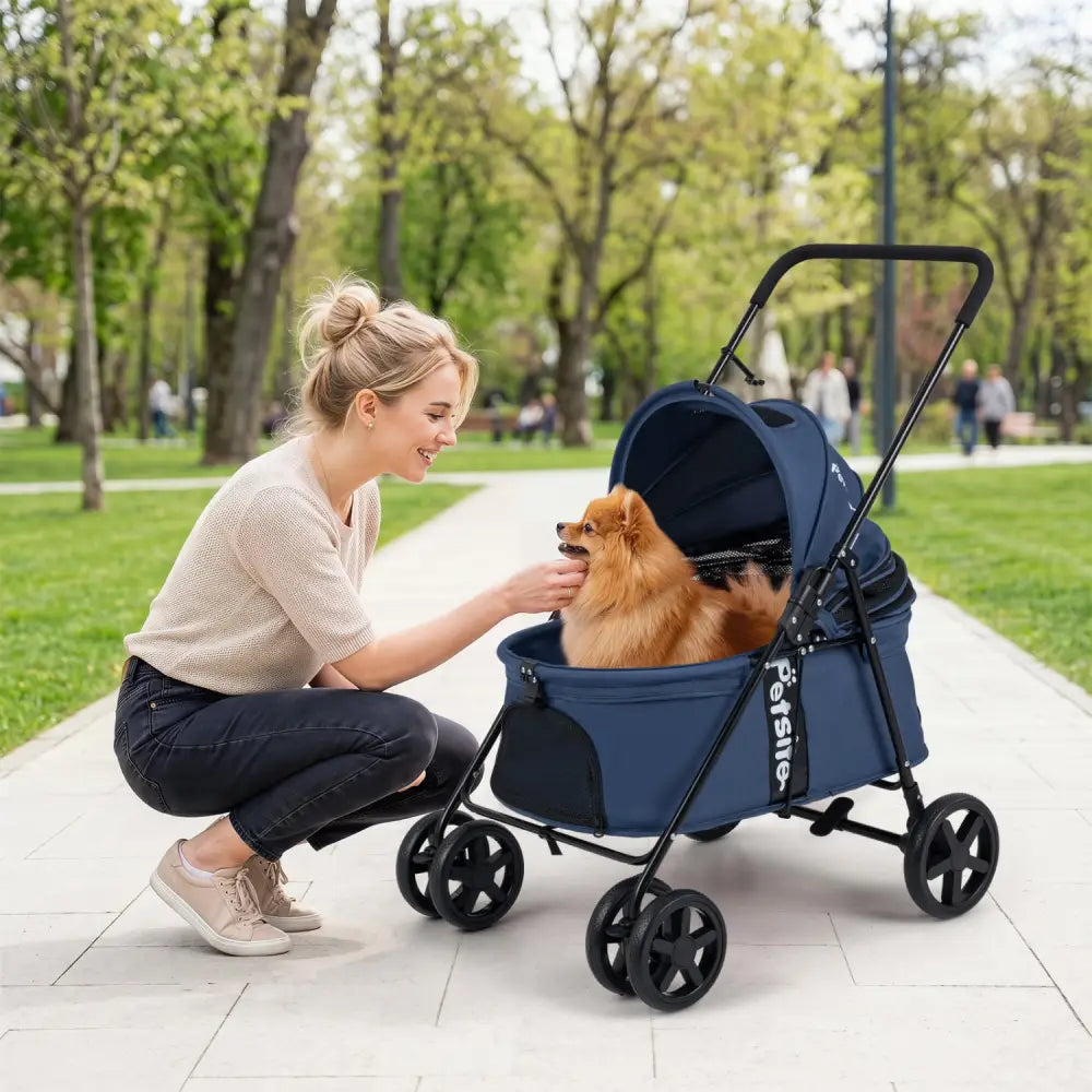 Pet Stroller for Small Medium Dogs Foldable with One-Step Rear Brake and Canopy-Navy - Navy - Dog Supplies