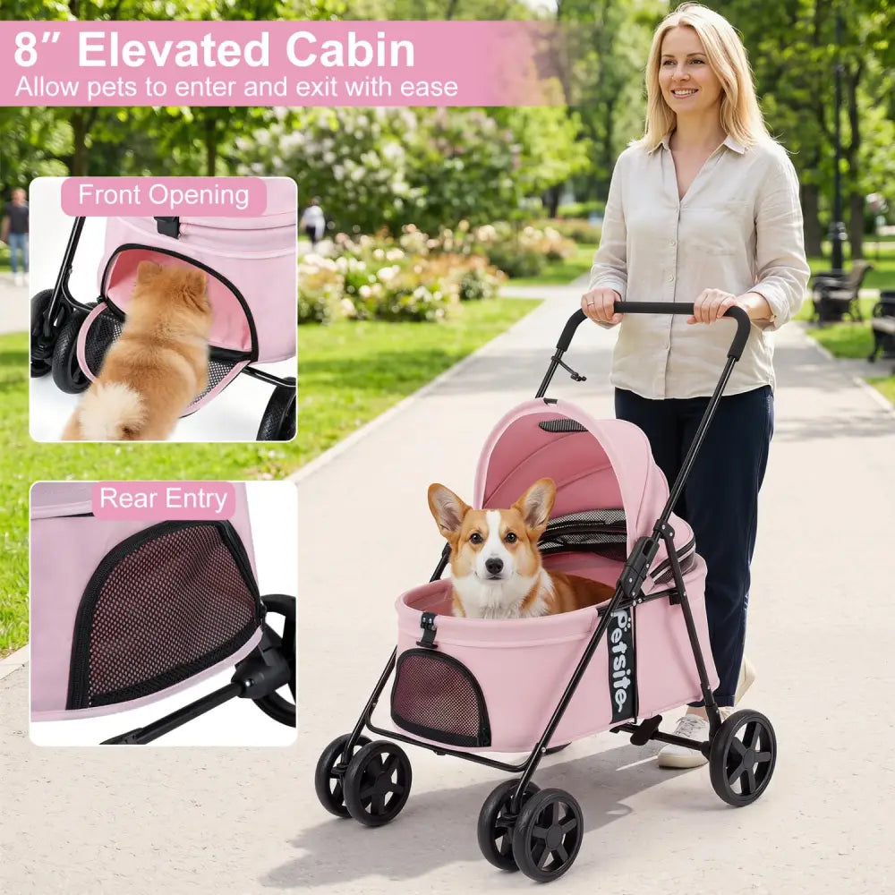 Pet Stroller for Small Medium Dogs Foldable with One-Step Rear Brake and Canopy-Pink - Pink - Dog Supplies