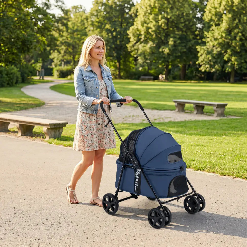 Pet Stroller for Small Medium Dogs Foldable with One-Step Rear Brake and Canopy-Navy - Navy - Dog Supplies