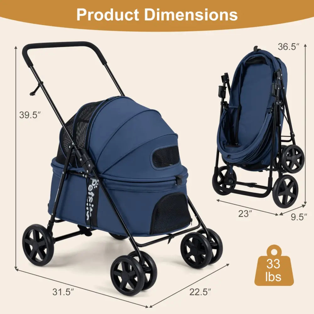 Pet Stroller for Small Medium Dogs Foldable with One-Step Rear Brake and Canopy-Navy - Navy - Dog Supplies