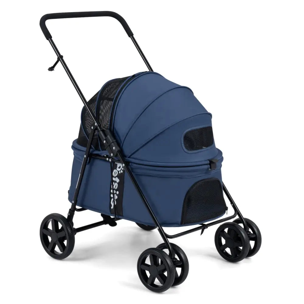Pet Stroller for Small Medium Dogs Foldable with One-Step Rear Brake and Canopy-Navy - Navy - Dog Supplies