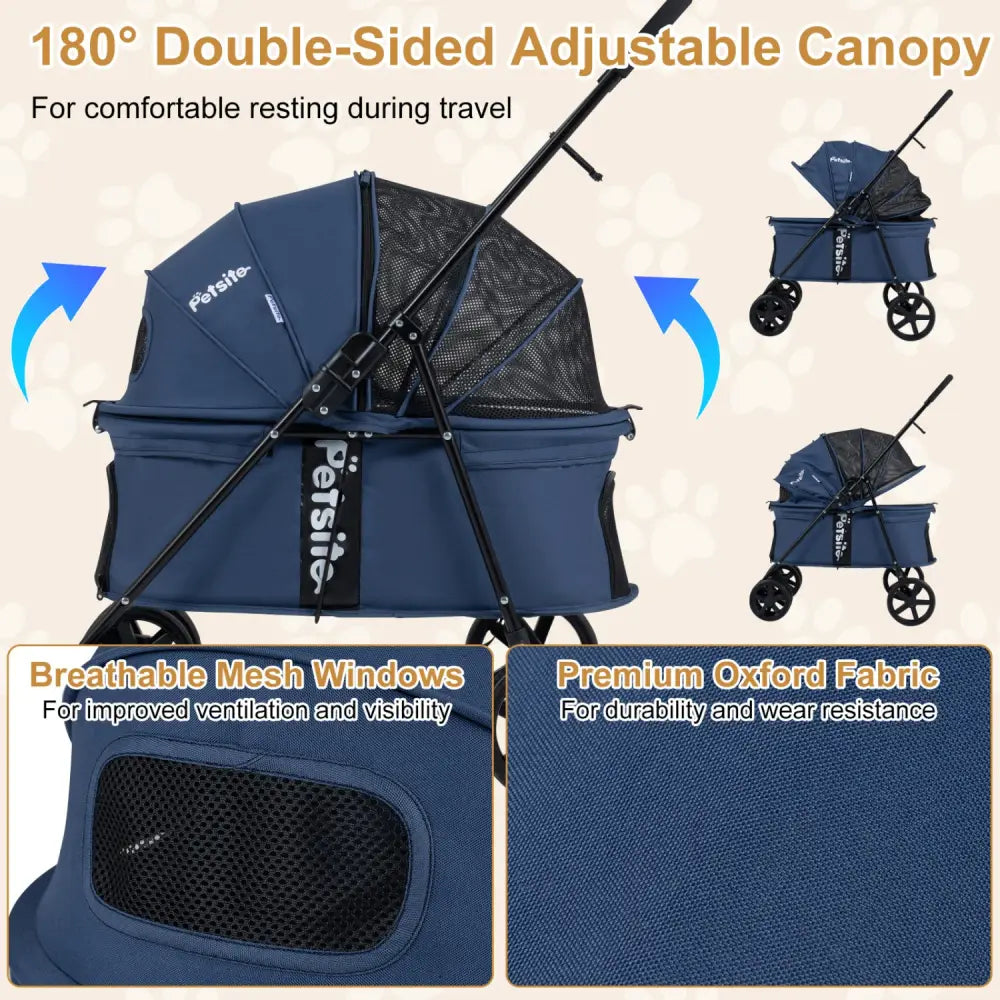Pet Stroller for Small Medium Dogs Foldable with One-Step Rear Brake and Canopy-Navy - Navy - Dog Supplies