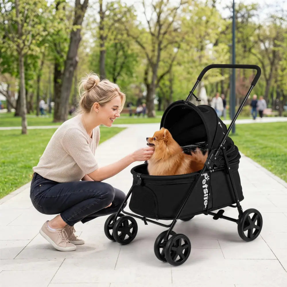 Pet Stroller for Small Medium Dogs Foldable with One-Step Rear Brake and Canopy-Black - Black - Dog Supplies