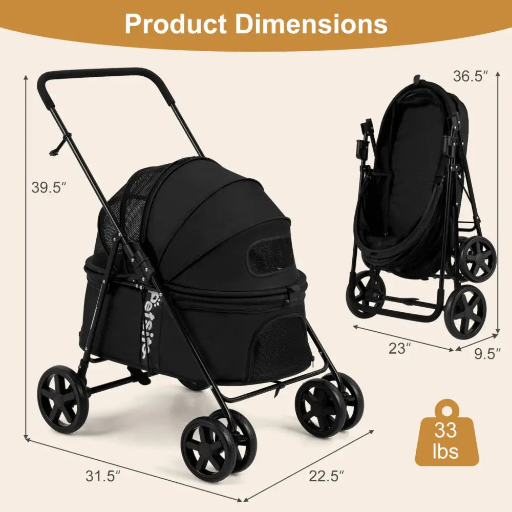 Pet Stroller for Small Medium Dogs Foldable with One-Step Rear Brake and Canopy-Black - Black - Dog Supplies