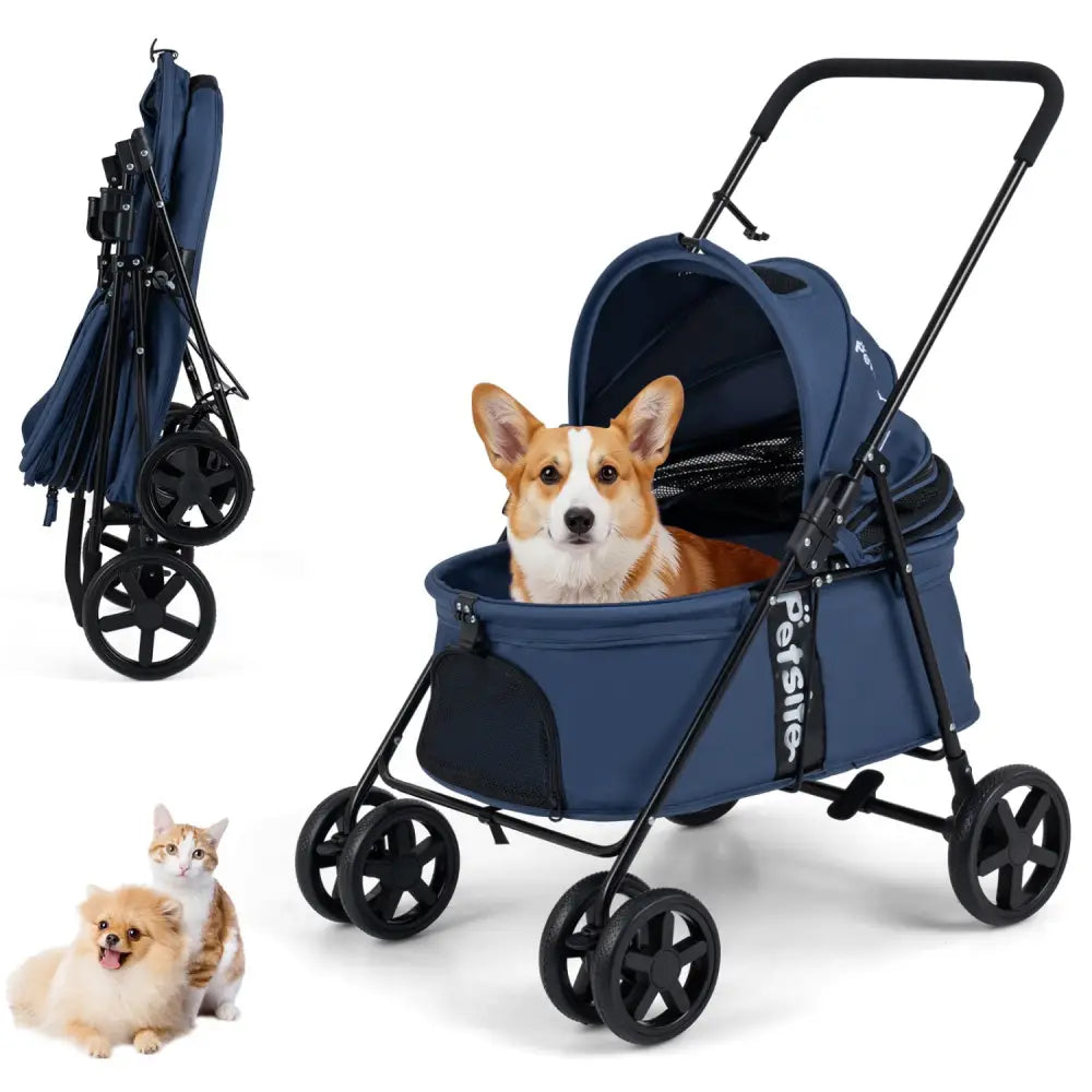 Pet Stroller for Small Medium Dogs Foldable with One-Step Rear Brake and Canopy-Navy - Navy - Dog Supplies