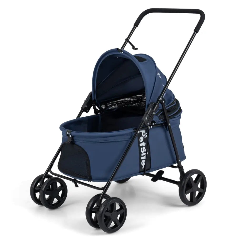 Pet Stroller for Small Medium Dogs Foldable with One-Step Rear Brake and Canopy-Navy - Navy - Dog Supplies