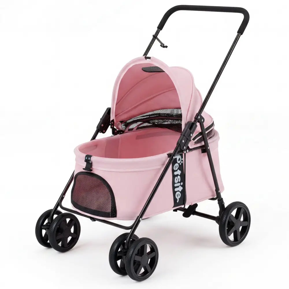 Pet Stroller for Small Medium Dogs Foldable with One-Step Rear Brake and Canopy-Pink - Pink - Dog Supplies