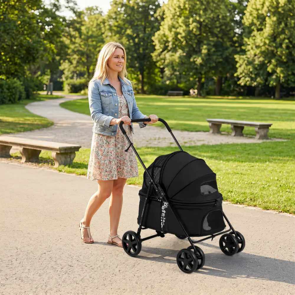 Pet Stroller for Small Medium Dogs Foldable with One-Step Rear Brake and Canopy-Black - Black - Dog Supplies