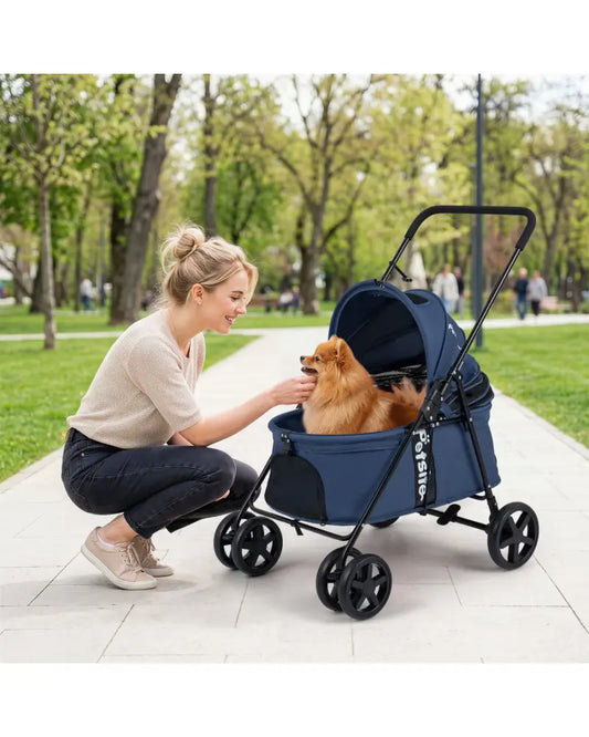 Pet Stroller for Small Medium Dogs Foldable with One-Step Rear Brake and Canopy-Navy - Navy - Dog Supplies