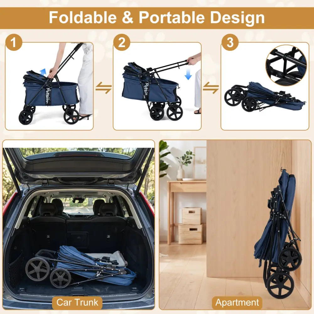 Pet Stroller for Small Medium Dogs Foldable with One-Step Rear Brake and Canopy-Navy - Navy - Dog Supplies