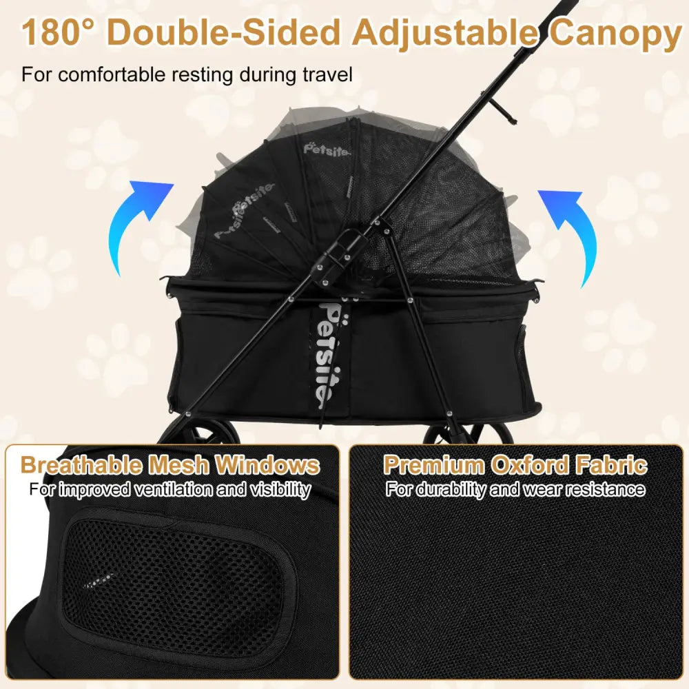 Pet Stroller for Small Medium Dogs Foldable with One-Step Rear Brake and Canopy-Black - Black - Dog Supplies