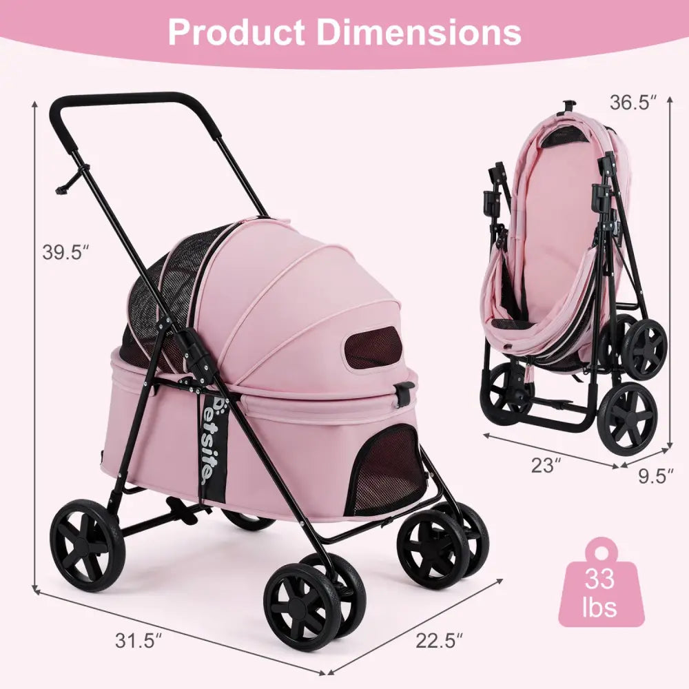 Pet Stroller for Small Medium Dogs Foldable with One-Step Rear Brake and Canopy-Pink - Pink - Dog Supplies