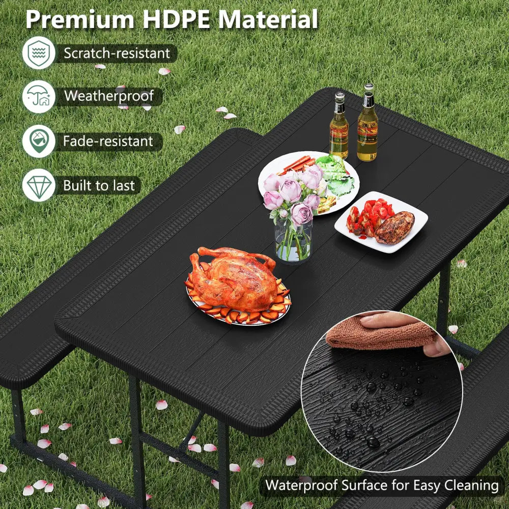 Picnic Table Bench Set for 2-4 People Outdoor Rectangular Camping Dining Table-Black - Black - Picnic Tables