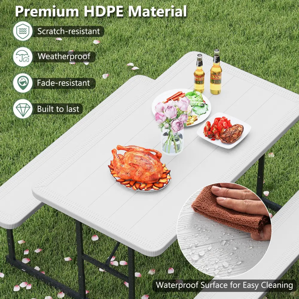 Picnic Table Bench Set for 2-4 People Outdoor Rectangular Camping Dining Table-White - White - Picnic Tables