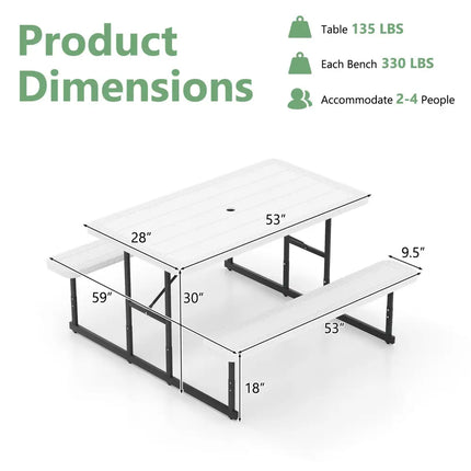 Picnic Table Bench Set for 2-4 People Outdoor Rectangular Camping Dining Table-White - White - Picnic Tables