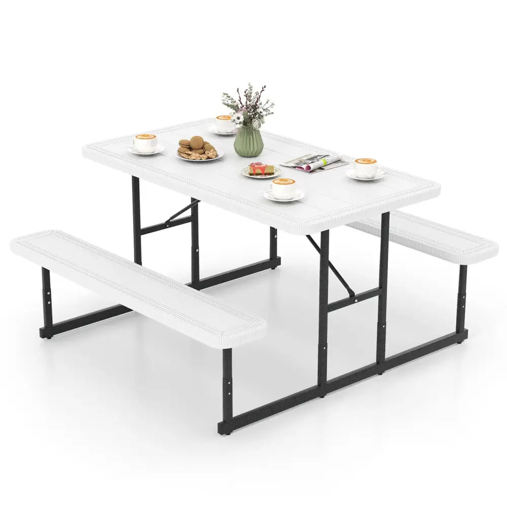 Picnic Table Bench Set for 2-4 People Outdoor Rectangular Camping Dining Table-White - White - Picnic Tables