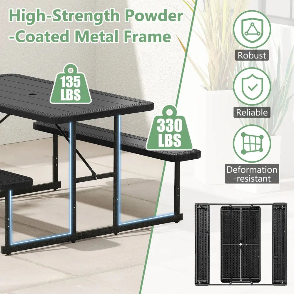 Picnic Table Bench Set for 2-4 People Outdoor Rectangular Camping Dining Table-Black - Black - Picnic Tables