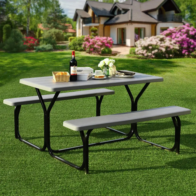 Picnic Table Bench Set for Outdoor Camping -Gray - Gray - Picnic Tables