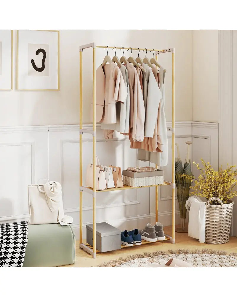 Pine Wood Clothes Rack with 2-Tier Open Storage Shelf for Hanging Clothes-Gray - Gray - Clothing & Closet Storage