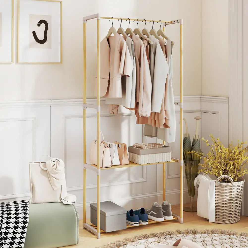 Pine Wood Clothes Rack with 2-Tier Open Storage Shelf for Hanging Clothes-Gray - Gray - Clothing & Closet Storage