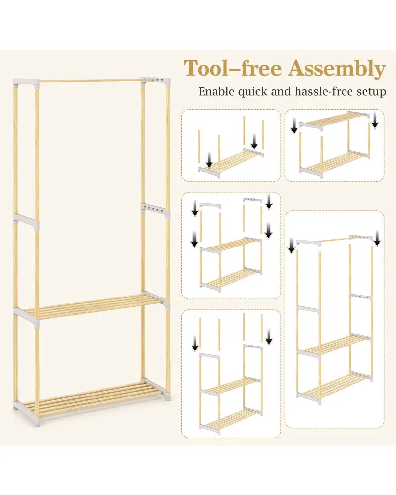 Pine Wood Clothes Rack with 2-Tier Open Storage Shelf for Hanging Clothes-Gray - Gray - Clothing & Closet Storage
