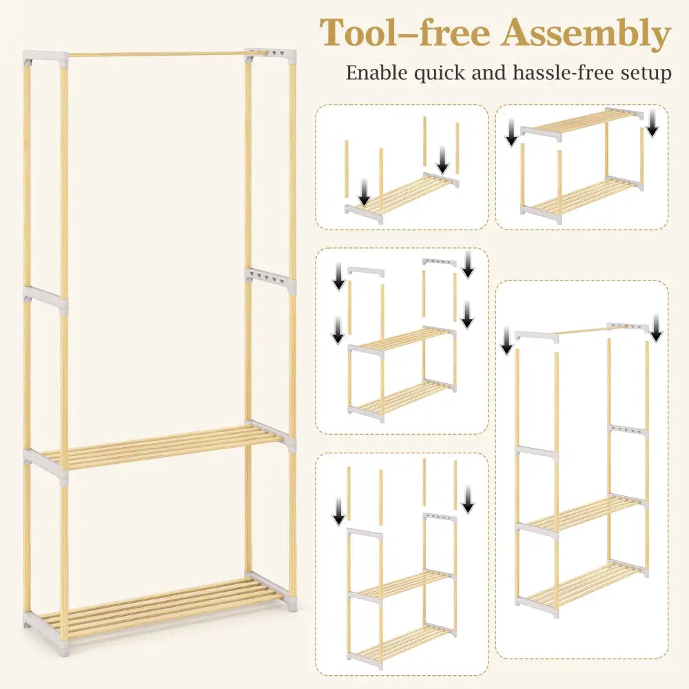 Pine Wood Clothes Rack with 2-Tier Open Storage Shelf for Hanging Clothes-Gray - Gray - Clothing & Closet Storage