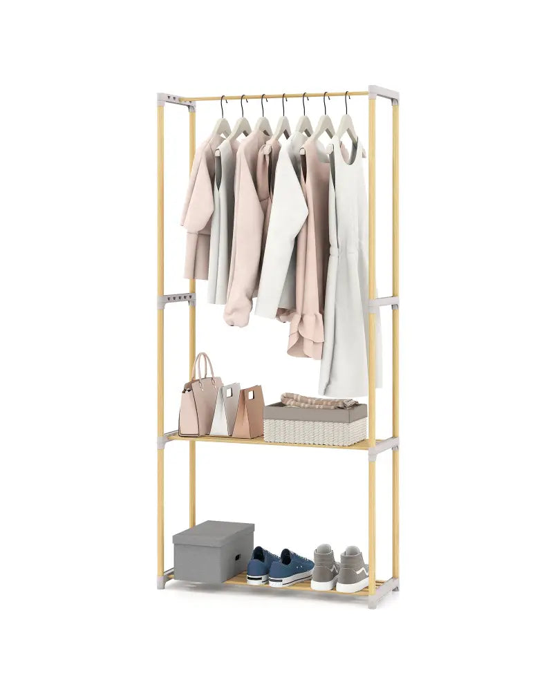 Pine Wood Clothes Rack with 2-Tier Open Storage Shelf for Hanging Clothes-Gray - Gray - Clothing & Closet Storage