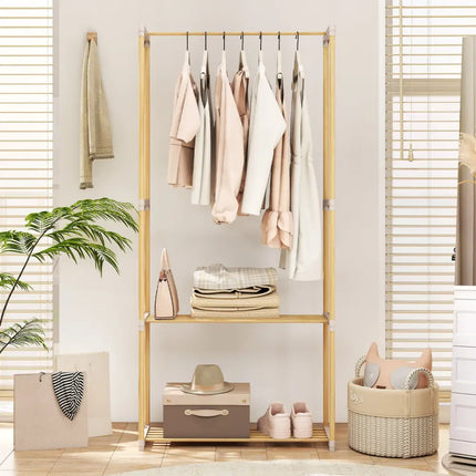 Pine Wood Clothes Rack with 2-Tier Open Storage Shelf for Hanging Clothes-Gray - Gray - Clothing & Closet Storage