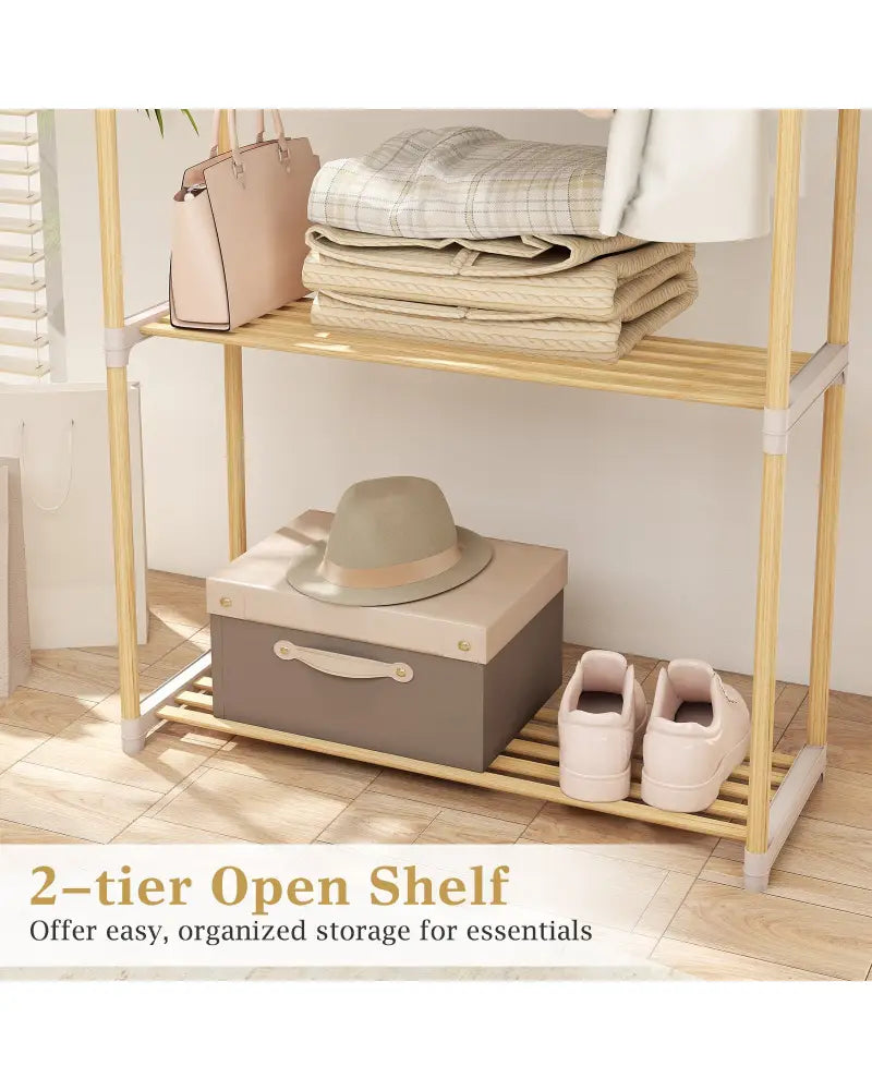 Pine Wood Clothes Rack with 2-Tier Open Storage Shelf for Hanging Clothes-Gray - Gray - Clothing & Closet Storage