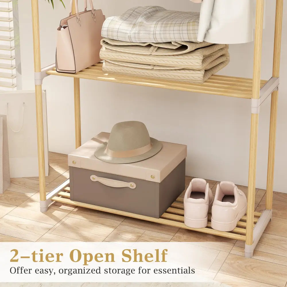 Pine Wood Clothes Rack with 2-Tier Open Storage Shelf for Hanging Clothes-Gray - Gray - Clothing & Closet Storage