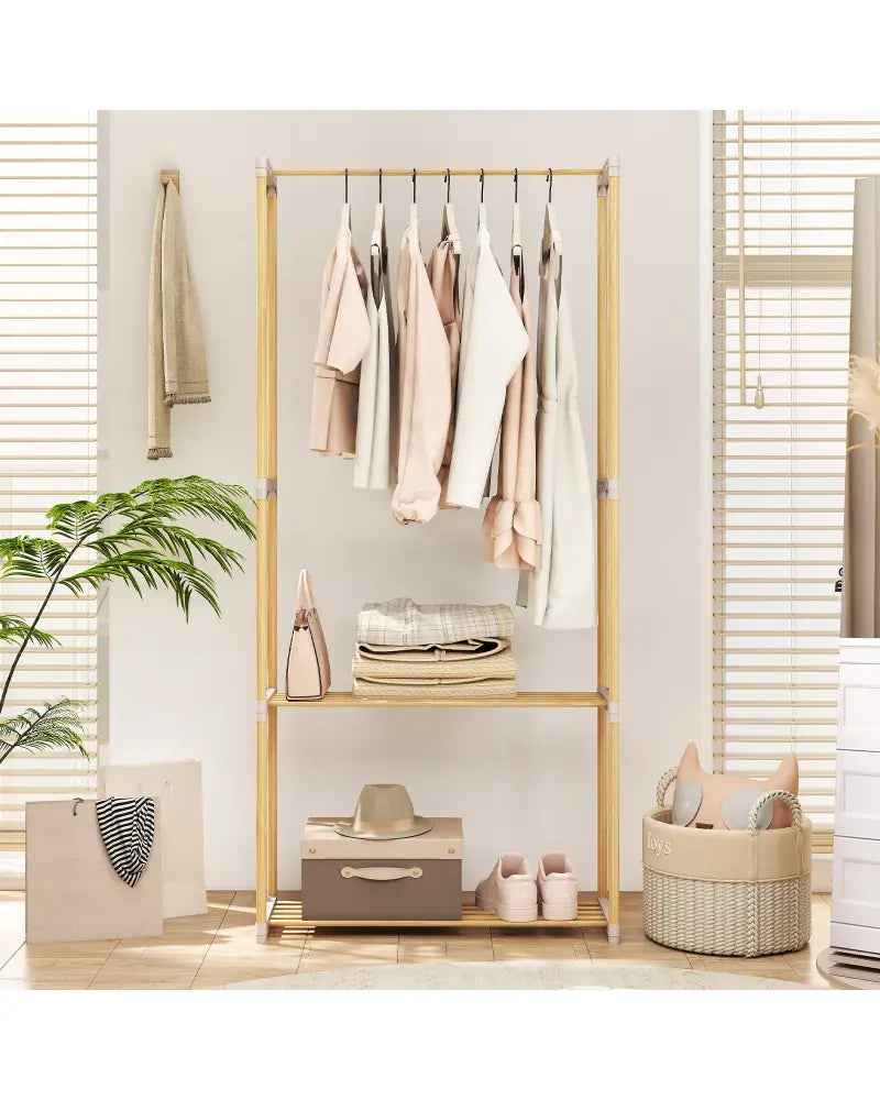 Pine Wood Clothes Rack with 2-Tier Open Storage Shelf for Hanging Clothes-Gray - Gray - Clothing & Closet Storage