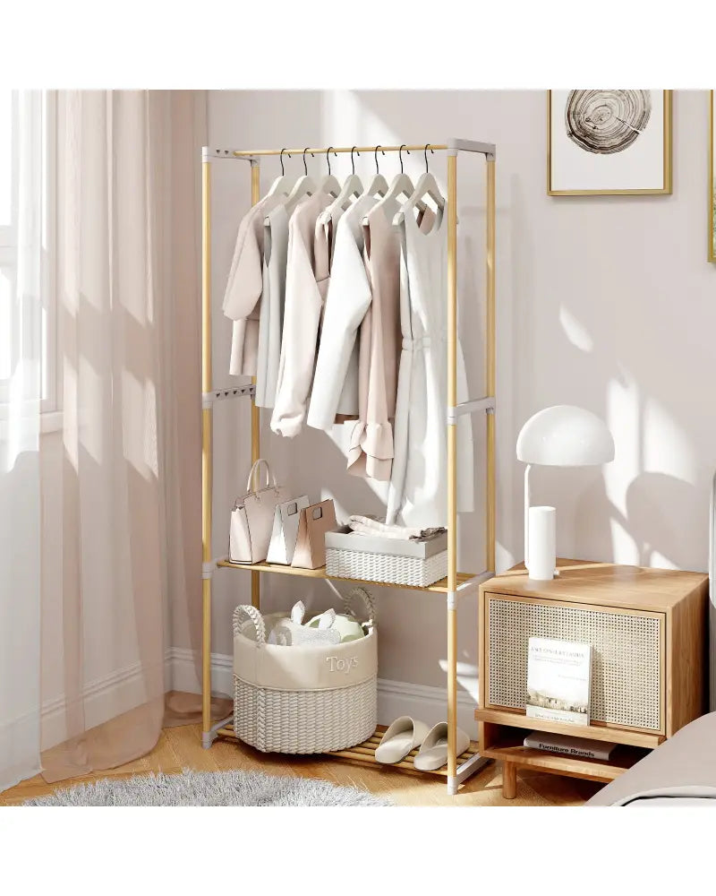 Pine Wood Clothes Rack with 2-Tier Open Storage Shelf for Hanging Clothes-Gray - Gray - Clothing & Closet Storage