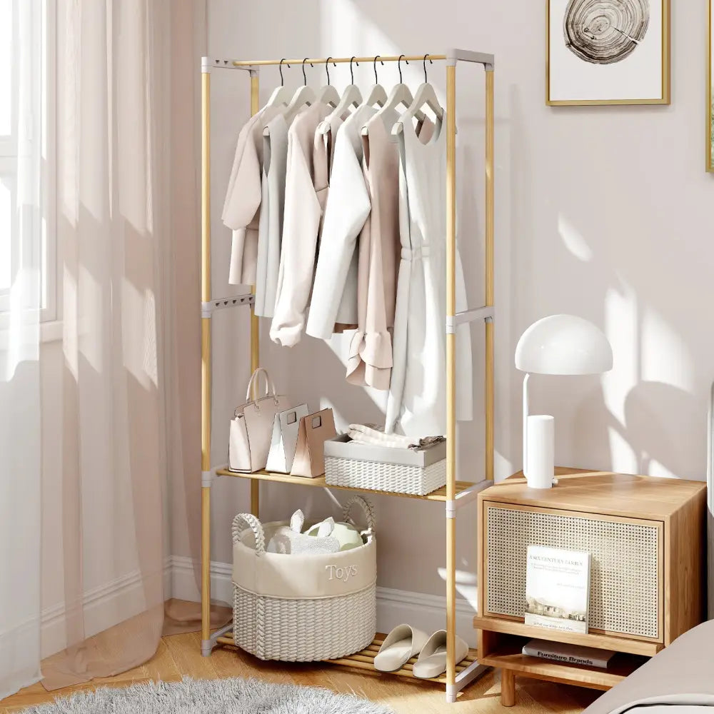 Pine Wood Clothes Rack with 2-Tier Open Storage Shelf for Hanging Clothes-Gray - Gray - Clothing & Closet Storage