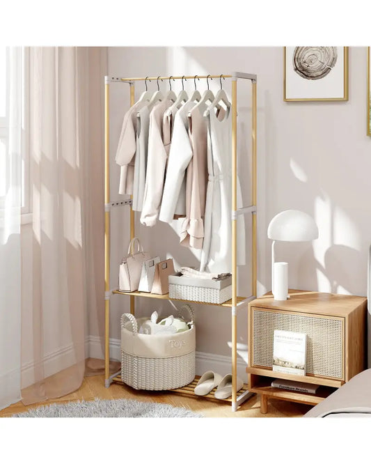 Pine Wood Clothes Rack with 2-Tier Open Storage Shelf for Hanging Clothes-Gray - Gray - Clothing & Closet Storage