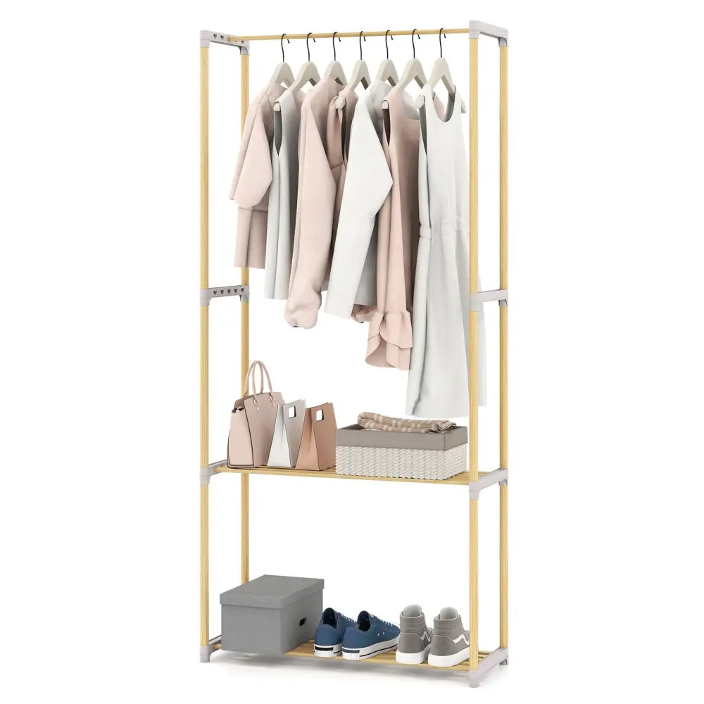 Pine Wood Clothes Rack with 2-Tier Open Storage Shelf for Hanging Clothes-Gray - Gray - Clothing & Closet Storage