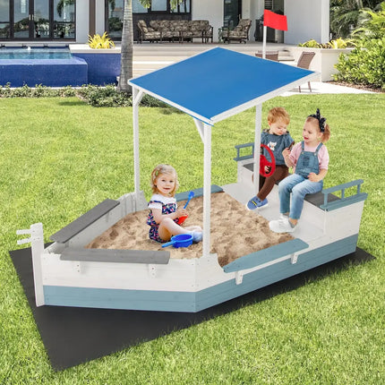 Pirate Ship Sandbox with Canopy with Bench Seats and Bottom Liner-White - White - Sandboxes