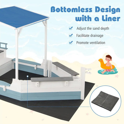 Pirate Ship Sandbox with Canopy with Bench Seats and Bottom Liner-White - White - Sandboxes