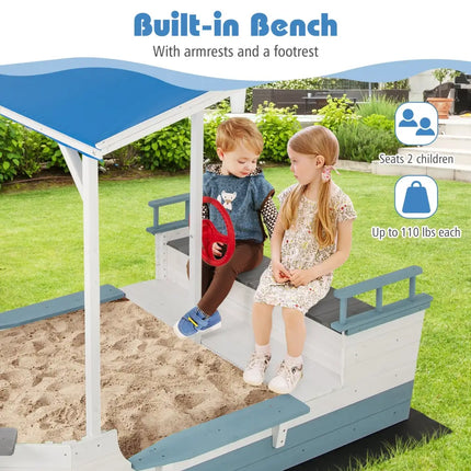 Pirate Ship Sandbox with Canopy with Bench Seats and Bottom Liner-White - White - Sandboxes