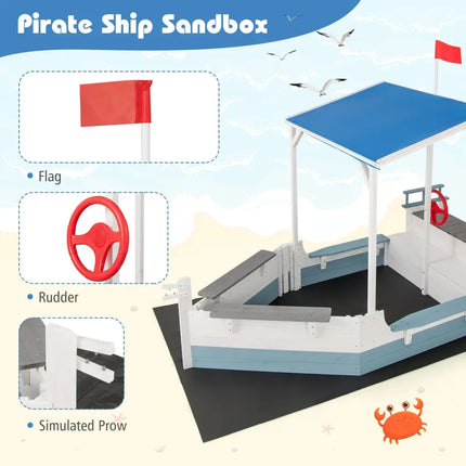 Pirate Ship Sandbox with Canopy with Bench Seats and Bottom Liner-White - White - Sandboxes