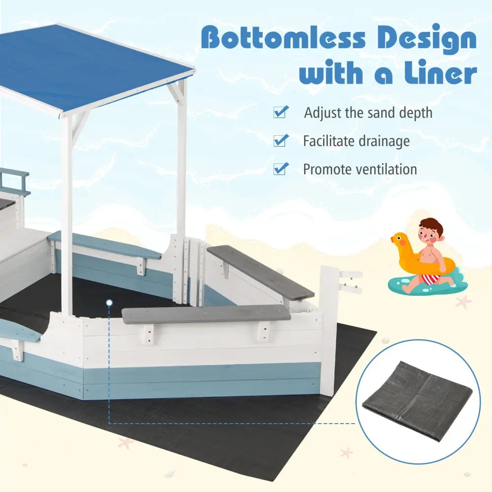Pirate Ship Sandbox with Canopy with Bench Seats and Bottom Liner-White - White - Sandboxes